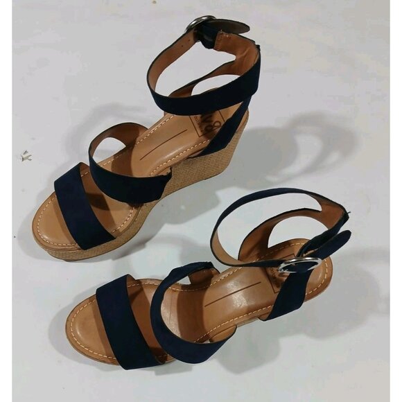 DV8 Dolce Vita Ankle Strap Wedge Heel Sandals Shoes Est Size 8.5 Blue Suede - Picture 1 of 12